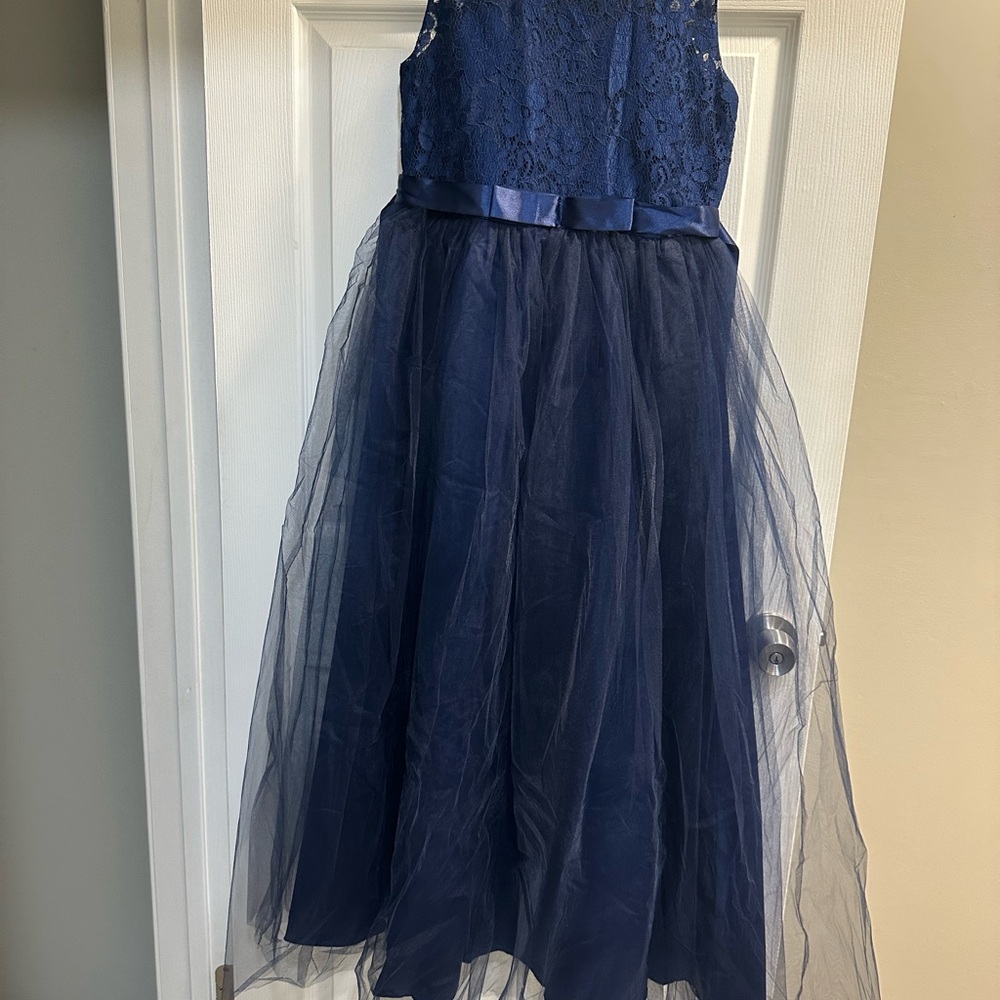 Charming Navy Blue Kids Dress with Lace Bodice